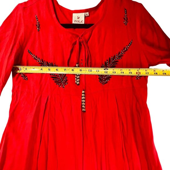 Zola Orange Red Boho Tunic Top Dress Leaf Print Embroidery Accents Beaded Tie - Picture 10 of 11